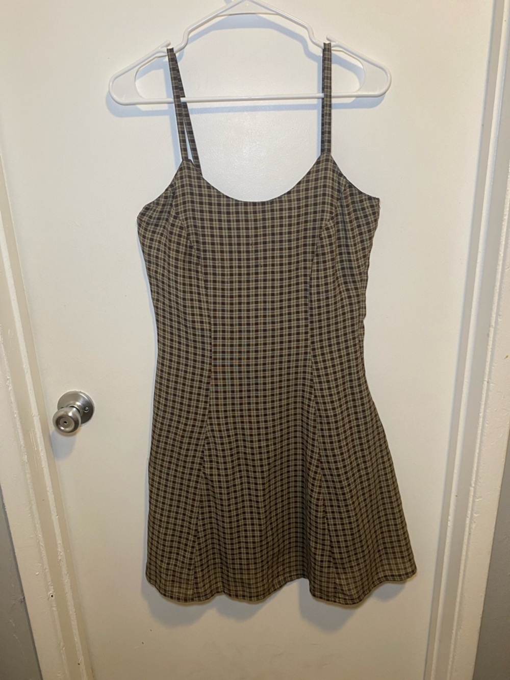 Plaid Spaghetti-Strap Mini Dress in Olive Check